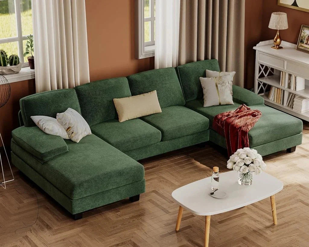 Furmax Sectional Couches for Living Room, U-Shaped Sofa Couch with Linen Fabric, 4 Seat Sofa Set with Double Chaise for Apartment (Fabric, Grey)
