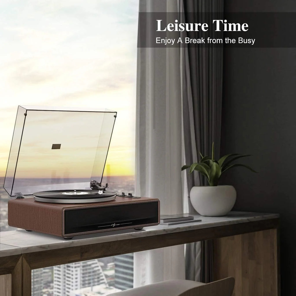 High Fidelity Belt Drive Turntable with Built-in Speakers, Vinyl Record Player with Magnetic Cartridge, Bluetooth Playback and Aux-in Functionality, Auto Off