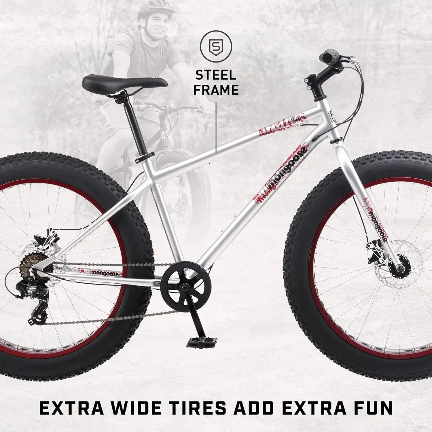 Malus Mens and Women Fat Tire Mountain Bike, 26-Inch Bicycle Wheels, 4-Inch Wide Knobby Tires, Steel Frame, 7 Speed Drivetrain, Shimano Rear Derailleur, Disc Brakes
