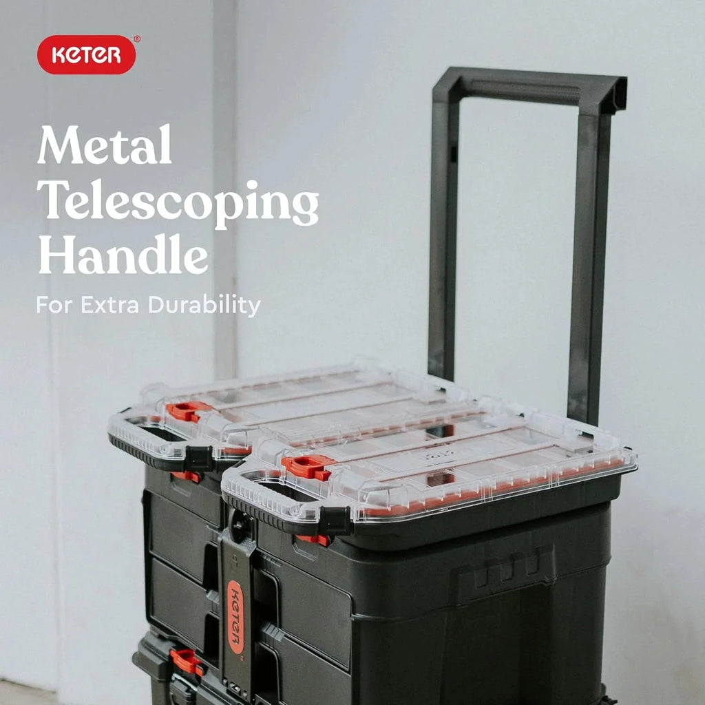 Keter Stack-n-Roll Modular Tools Organizer for Garage Storage and DIY, 3 Piece Resin Rolling Tool Box System for Small Parts