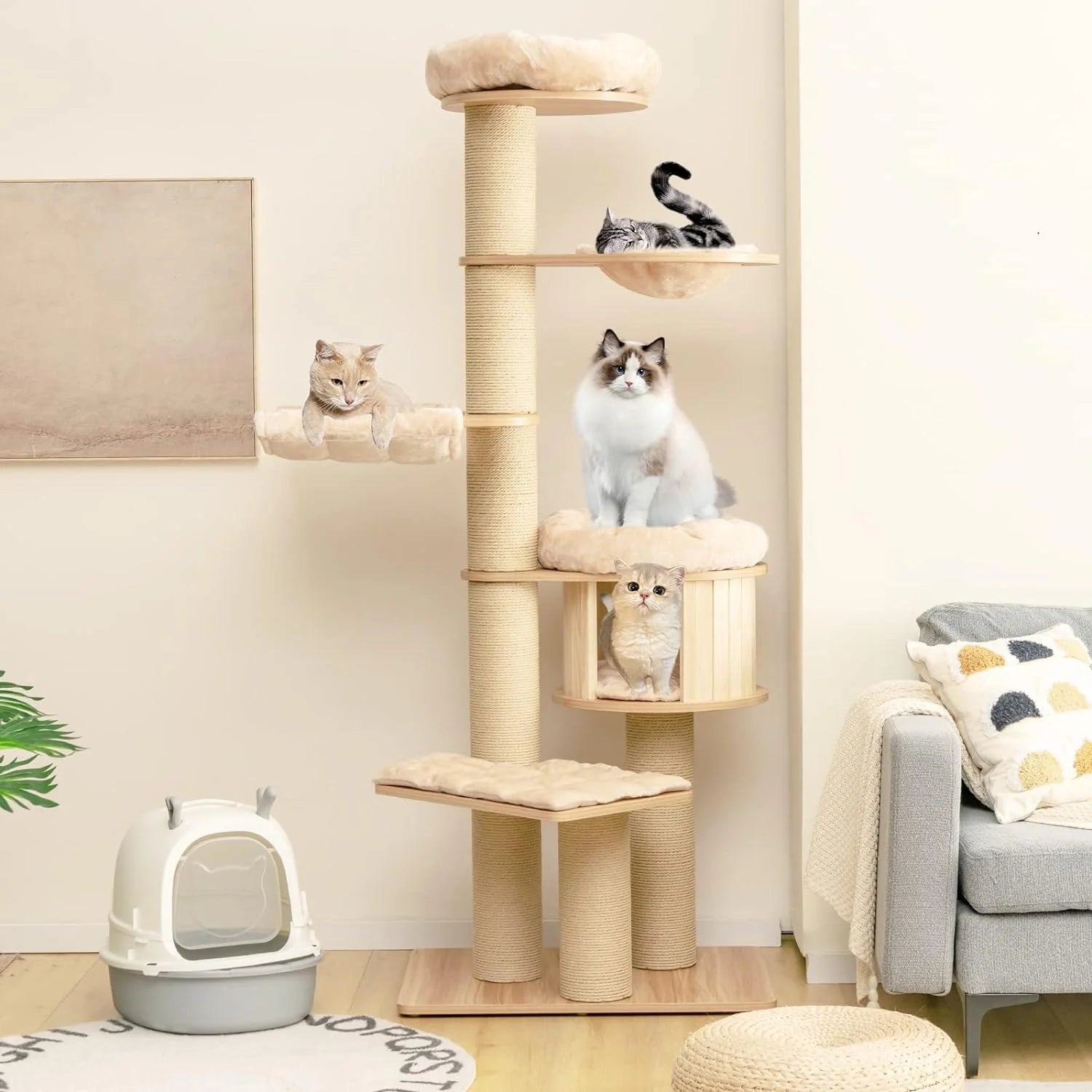 Large cat tree, multi-level tower with sisal posts, hammock, hanging basket and removable washable mats, perfect for large cats