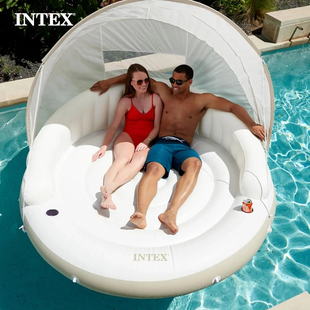 58292EP Canopy Island Inflatable Pool Float: Comfortable Lounge Surface Built-in Cup Holders Detachable Sunshade 440lb Max Weight Capacity 78.5 x 59