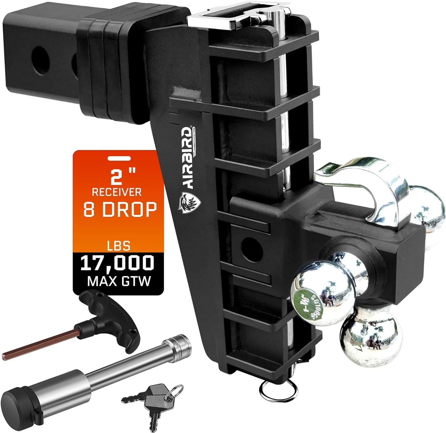 Adjustable Trailer Hitch Fits 2-Inch Receiver, Heavy Duty Tow Hitches (17000 LBS GTW) 6 Inch Drop Truck Hitch Tri-Ball Mount with Hook (1-7/8 x 2 x 2-5/16)