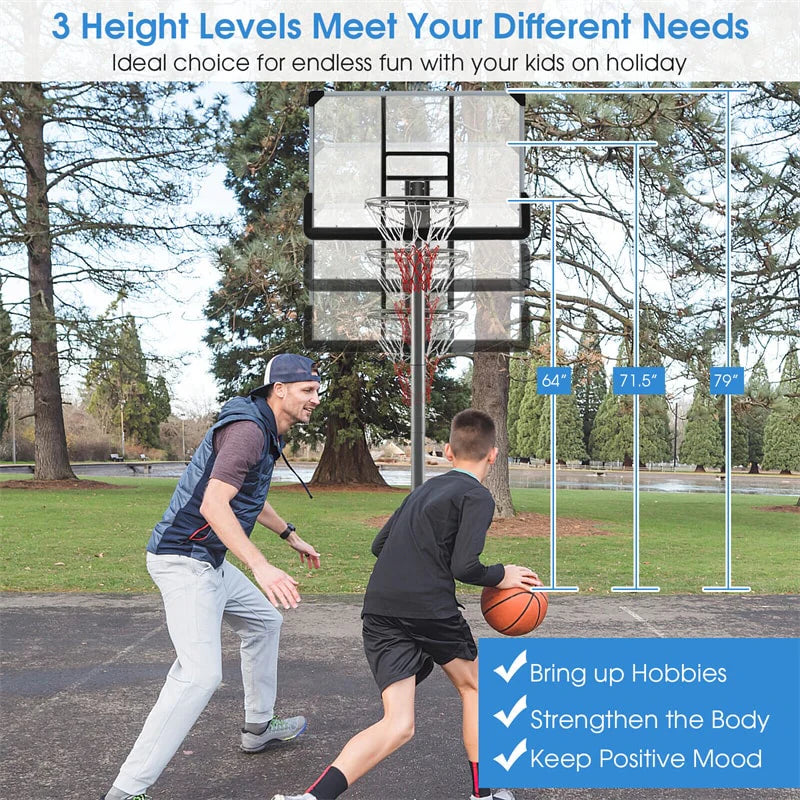 Portable Outdoor Basketball Hoop 64''-79'' Adjustable Poolside Basketball Goal System with 44 Backboard Wheeled Fillable Base