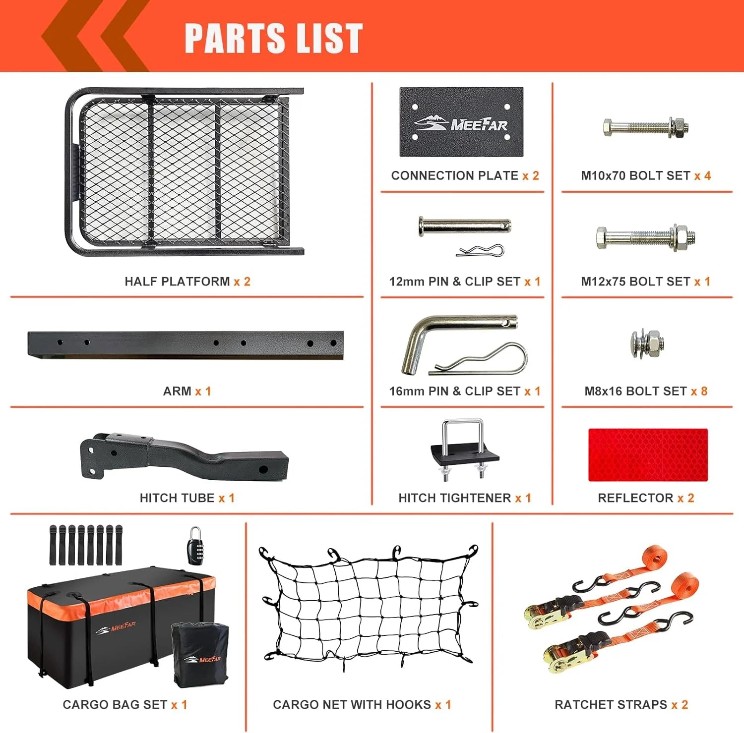 Folding hitch mounted cargo basket 60 With hook stabilizer, net and straps