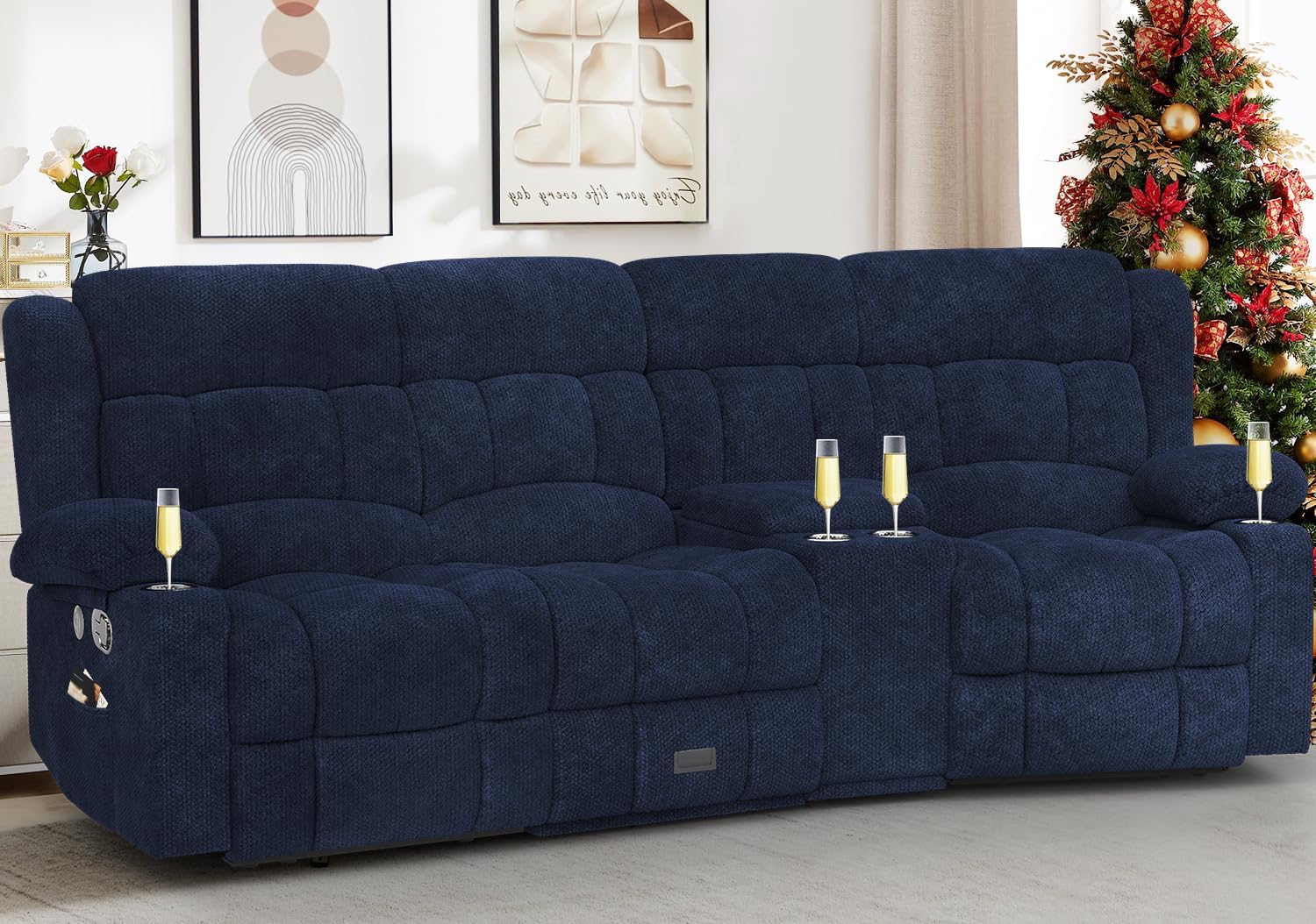 3 Seat Reclining Sofa with Storage Drawer USB Ports & Cup Holders Manual Couch