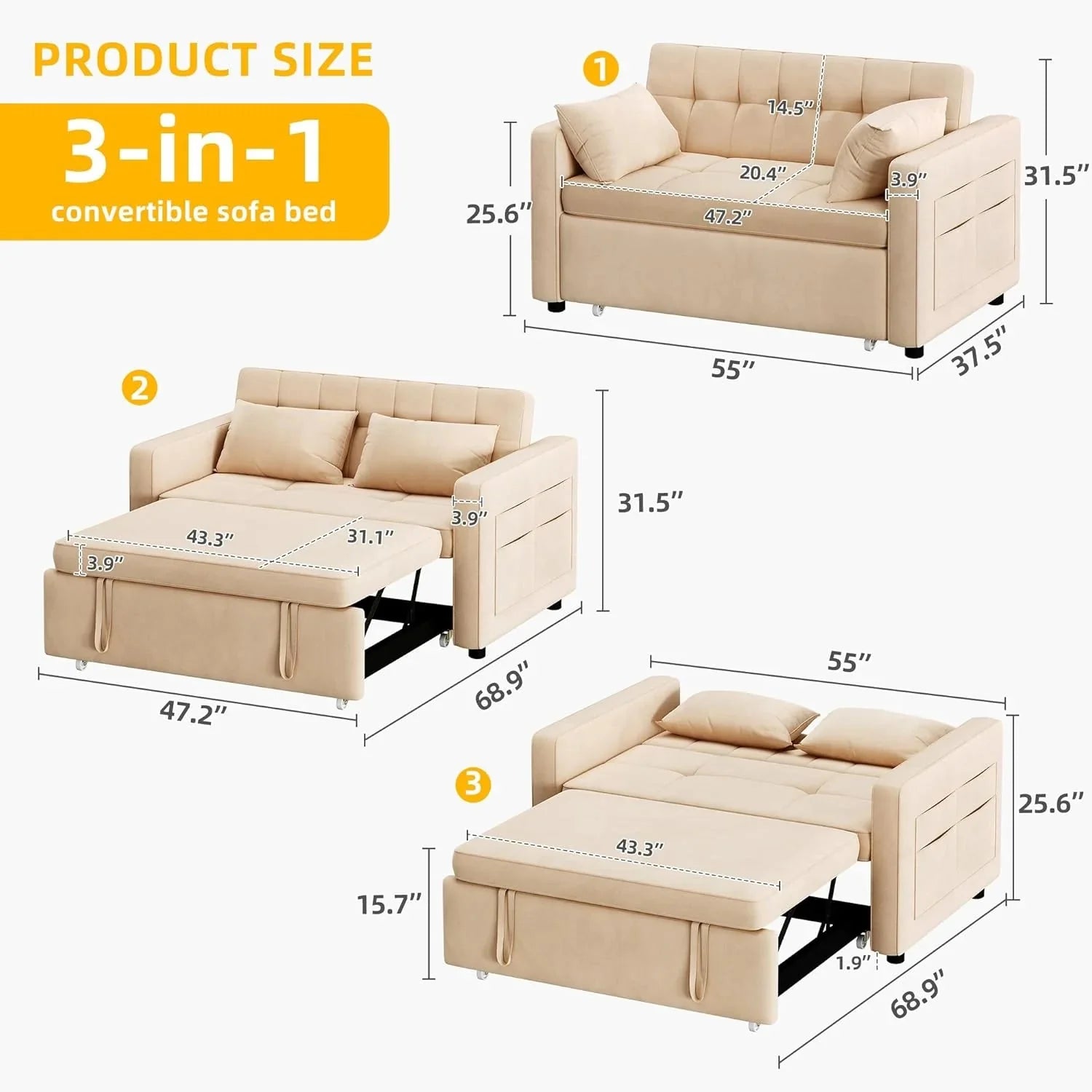 DWVO 3-in-1 Convertible Sofa Bed, 55 Sleeper Sofa with Pull-Out Bed, Cat-Scratch-Proof Fabric Futon Couch with Adjustable Backrest and Side Pocket, Loveseat for Living Room Apartment, Grey