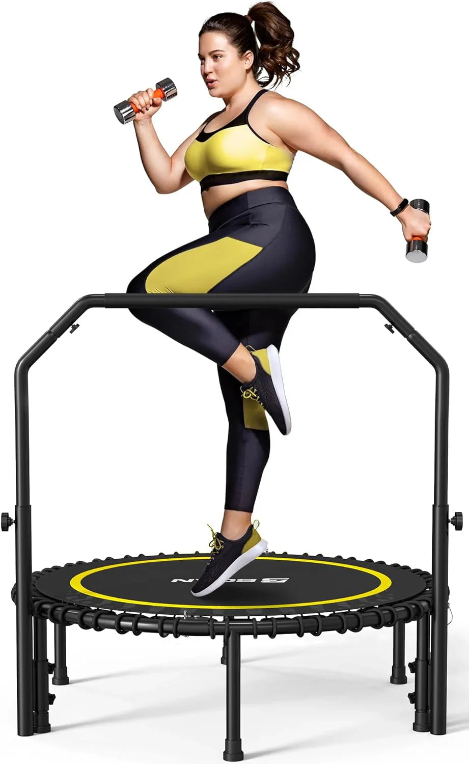 BCAN 450/550 LBS Foldable Mini Trampoline, 40/48 Fitness Trampoline with Bungees, U Shape Adjustable Foam Handle, Stable & Quiet Exercise Rebounder for Adults Indoor/Outdoor Workout
